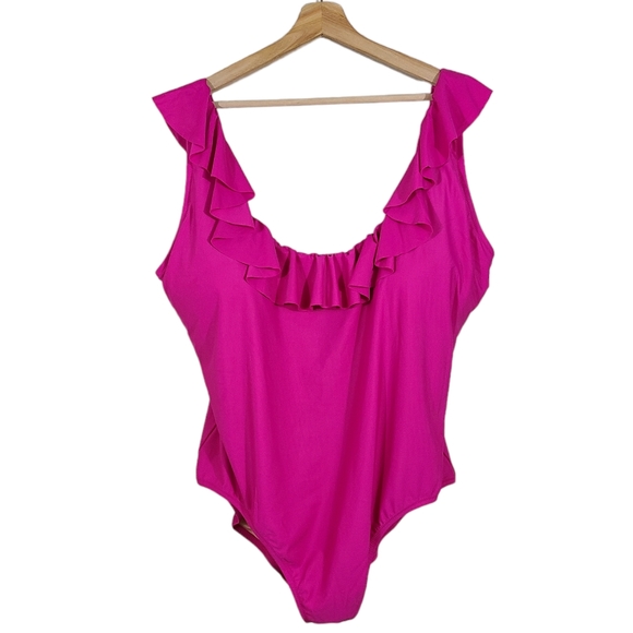 J. Crew Ruffle Scoopback One-piece Radiant Fuschia Bathing Suit NWT - Picture 2 of 6